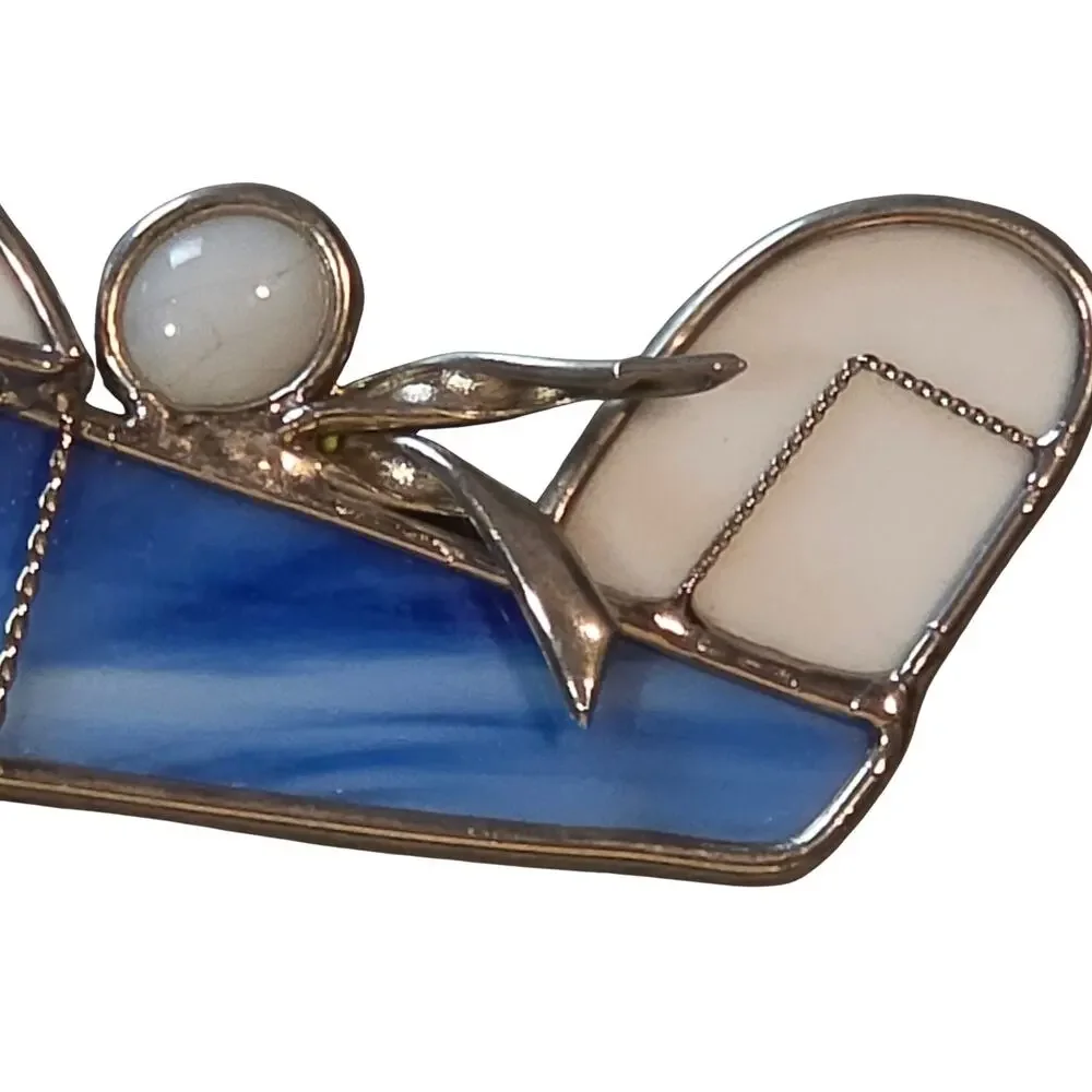 Vintage Stained Glass Biplane Suncatcher Blue White Airplane Window Ornament